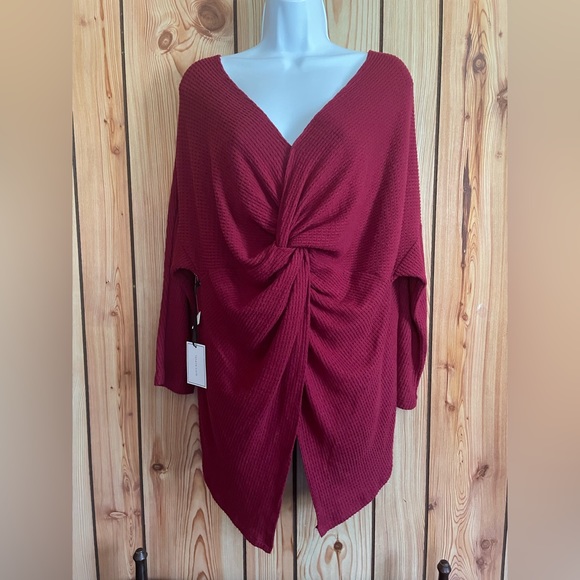 1.STATE New Women's V-Neck Waffle Weave Sweater 3/4 sleeves Maroon Size S Hi-Lo - Picture 1 of 10